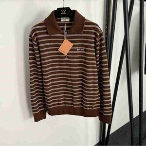 Miu Miu Chocolate and Cream Striped Polo Sweater